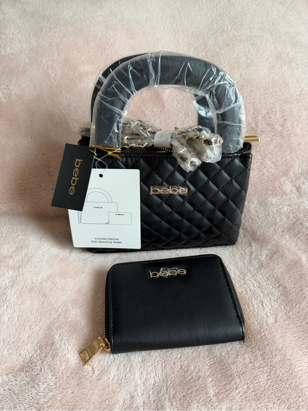 bebe Quilted Black Mini Satchel with Matching Wallet
